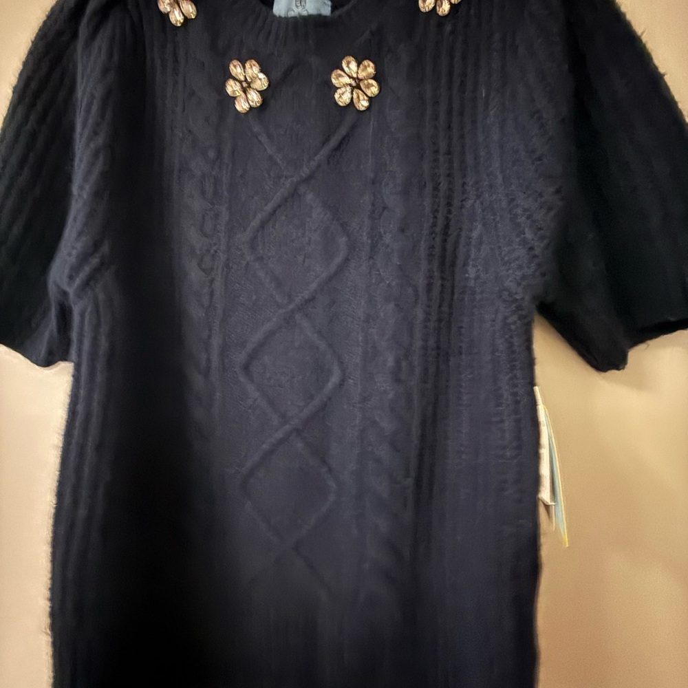 Elegant Navy Blue Sweater with Floral Embellishments